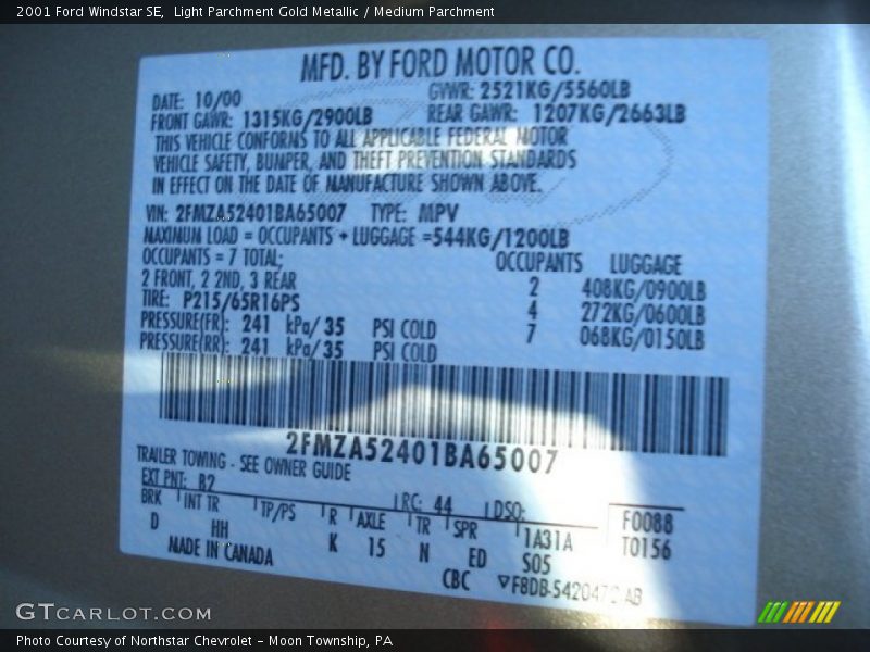 2001 Windstar SE Light Parchment Gold Metallic Color Code B2