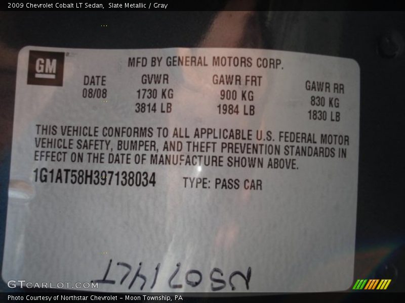 Slate Metallic / Gray 2009 Chevrolet Cobalt LT Sedan
