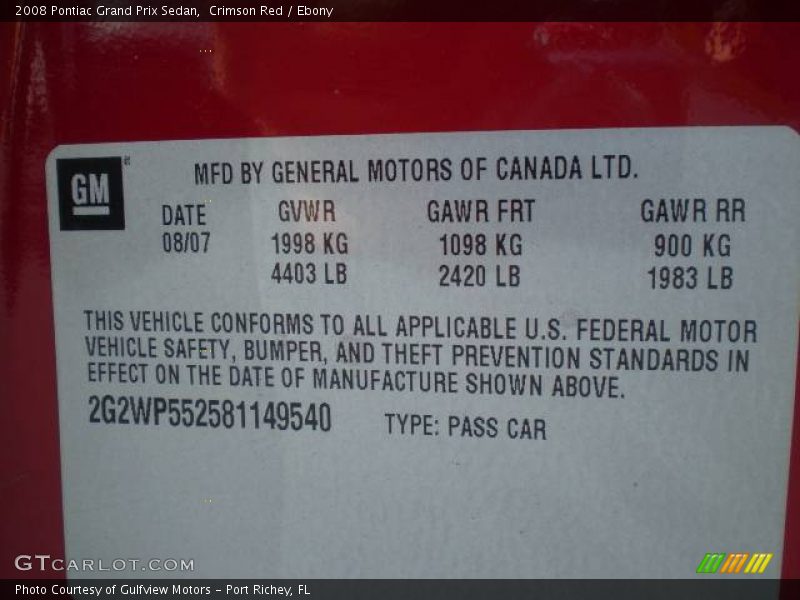 Crimson Red / Ebony 2008 Pontiac Grand Prix Sedan