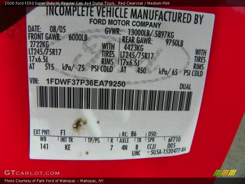 2006 F350 Super Duty XL Regular Cab 4x4 Dump Truck Red Clearcoat Color Code F1