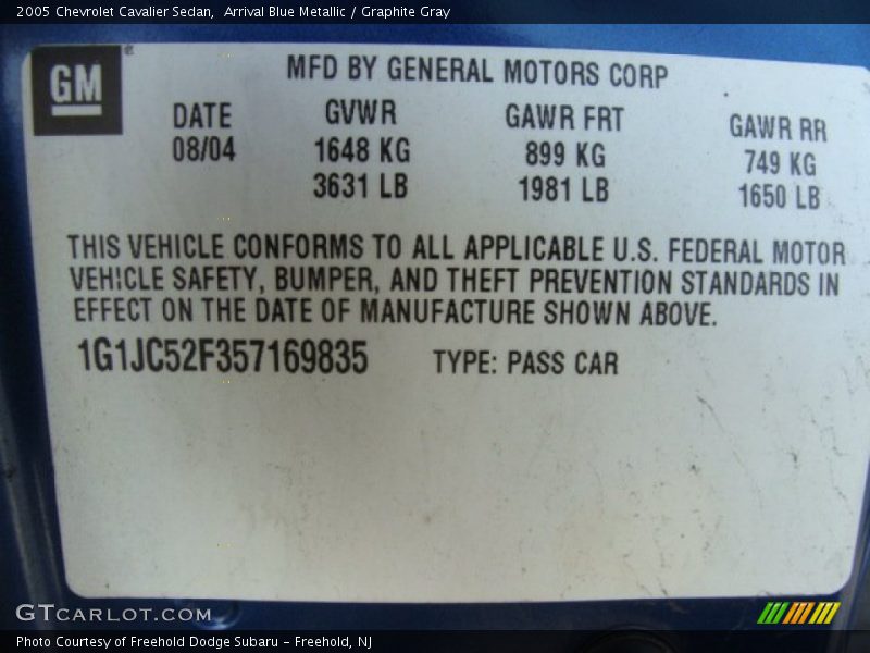 Arrival Blue Metallic / Graphite Gray 2005 Chevrolet Cavalier Sedan