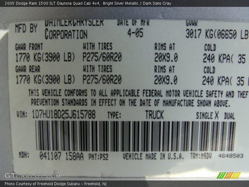 2005 Ram 1500 SLT Daytona Quad Cab 4x4 Bright Silver Metallic Color Code PS2