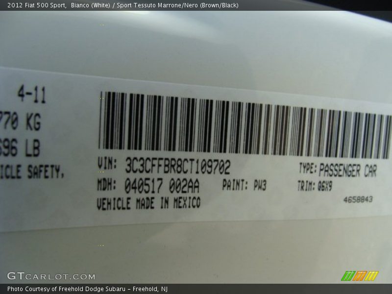 2012 500 Sport Bianco (White) Color Code PW3