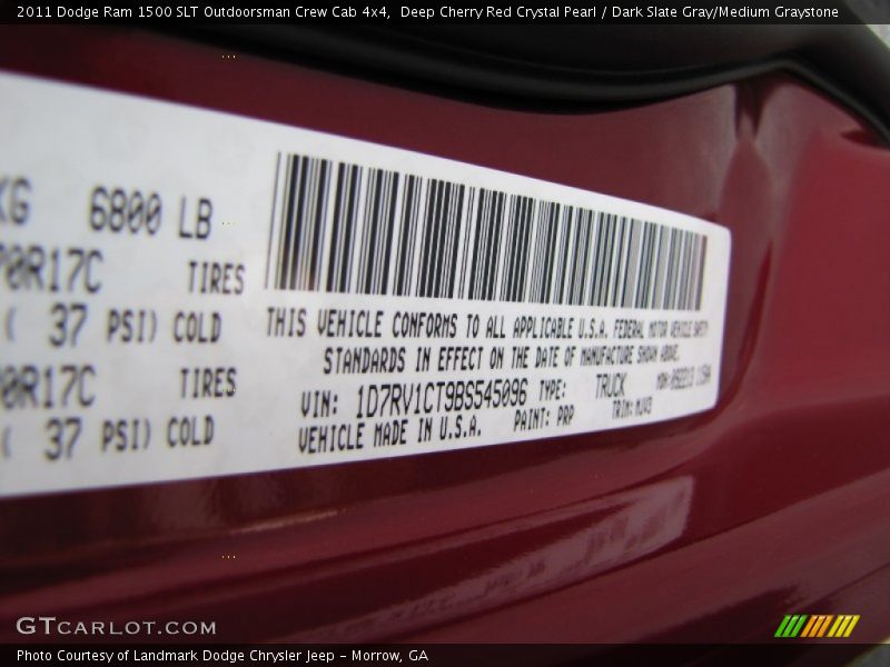 2011 Ram 1500 SLT Outdoorsman Crew Cab 4x4 Deep Cherry Red Crystal Pearl Color Code PRP
