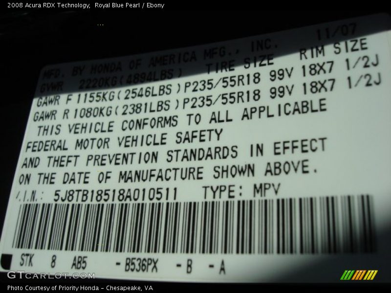 Royal Blue Pearl / Ebony 2008 Acura RDX Technology