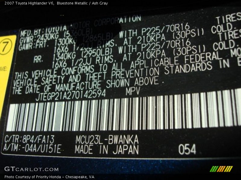 Bluestone Metallic / Ash Gray 2007 Toyota Highlander V6