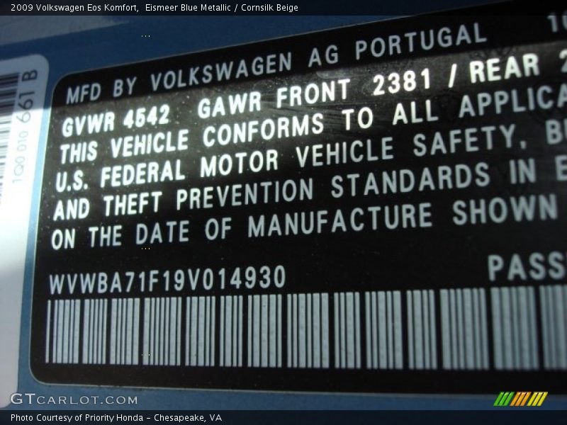 Eismeer Blue Metallic / Cornsilk Beige 2009 Volkswagen Eos Komfort