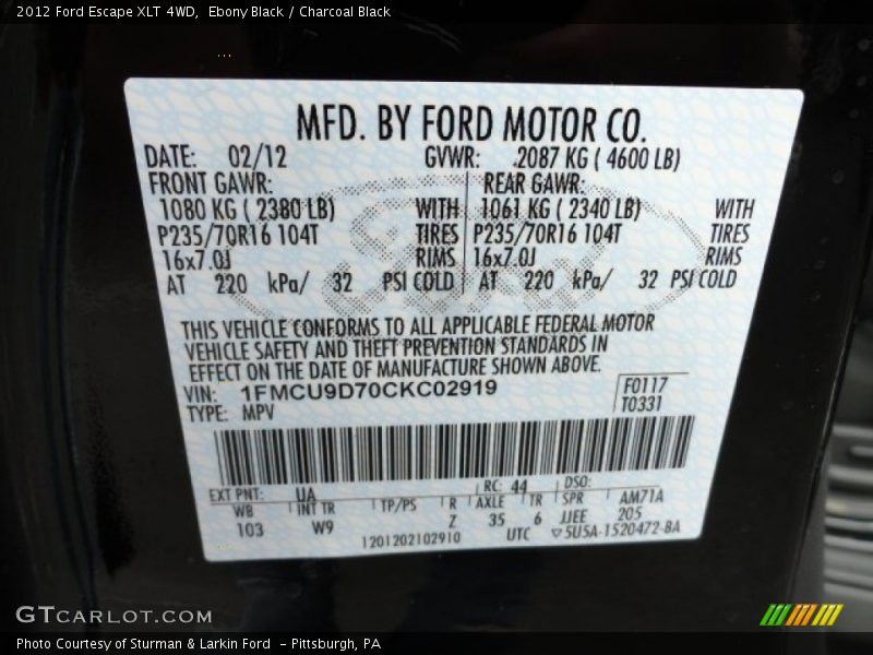Ebony Black / Charcoal Black 2012 Ford Escape XLT 4WD