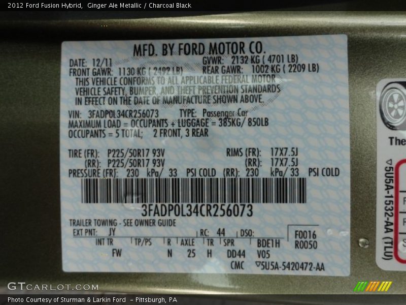 2012 Fusion Hybrid Ginger Ale Metallic Color Code JY
