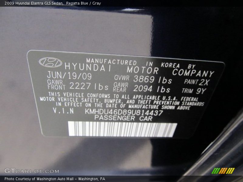 2009 Elantra GLS Sedan Regatta Blue Color Code 2X