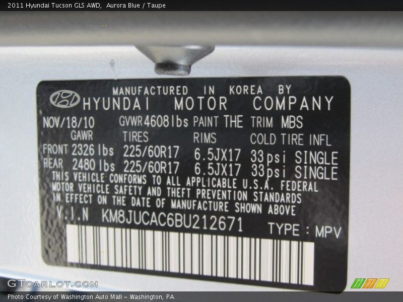 2011 Tucson GLS AWD Aurora Blue Color Code THE