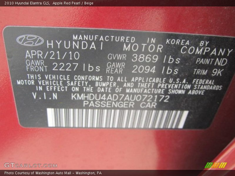 2010 Elantra GLS Apple Red Pearl Color Code ND