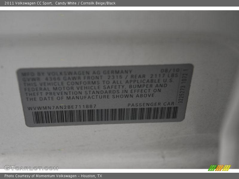 Candy White / Cornsilk Beige/Black 2011 Volkswagen CC Sport