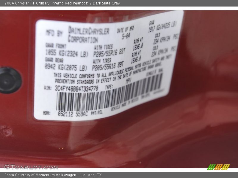 2004 PT Cruiser  Inferno Red Pearlcoat Color Code PEL