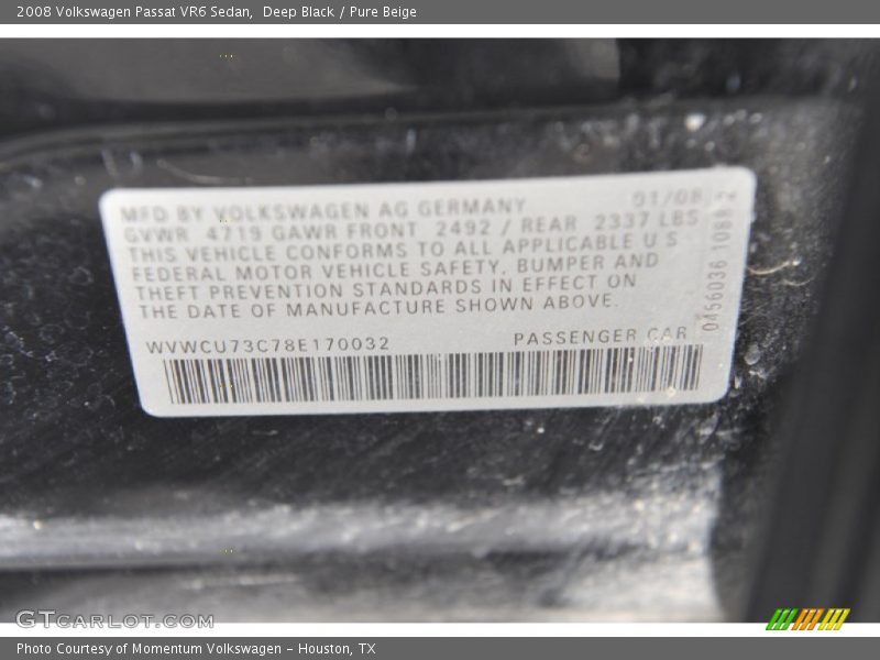 Deep Black / Pure Beige 2008 Volkswagen Passat VR6 Sedan