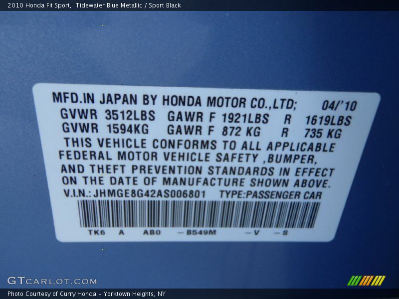 2010 Fit Sport Tidewater Blue Metallic Color Code B549M