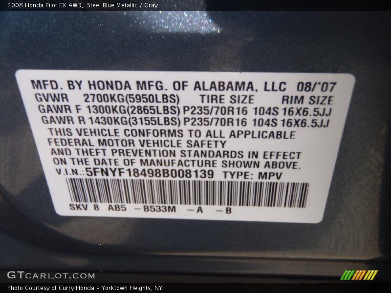 Steel Blue Metallic / Gray 2008 Honda Pilot EX 4WD