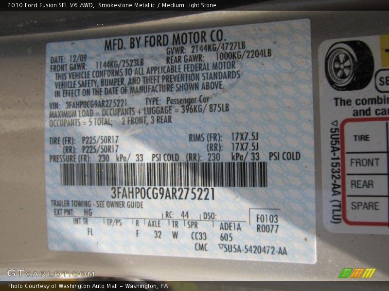 2010 Fusion SEL V6 AWD Smokestone Metallic Color Code HG