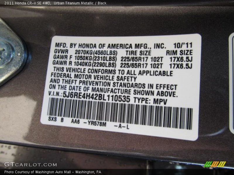 Urban Titanium Metallic / Black 2011 Honda CR-V SE 4WD