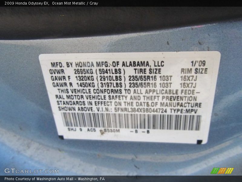 Ocean Mist Metallic / Gray 2009 Honda Odyssey EX