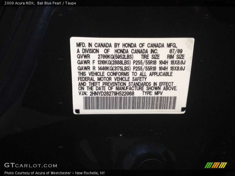 Bali Blue Pearl / Taupe 2009 Acura MDX