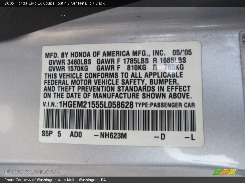 Satin Silver Metallic / Black 2005 Honda Civic LX Coupe