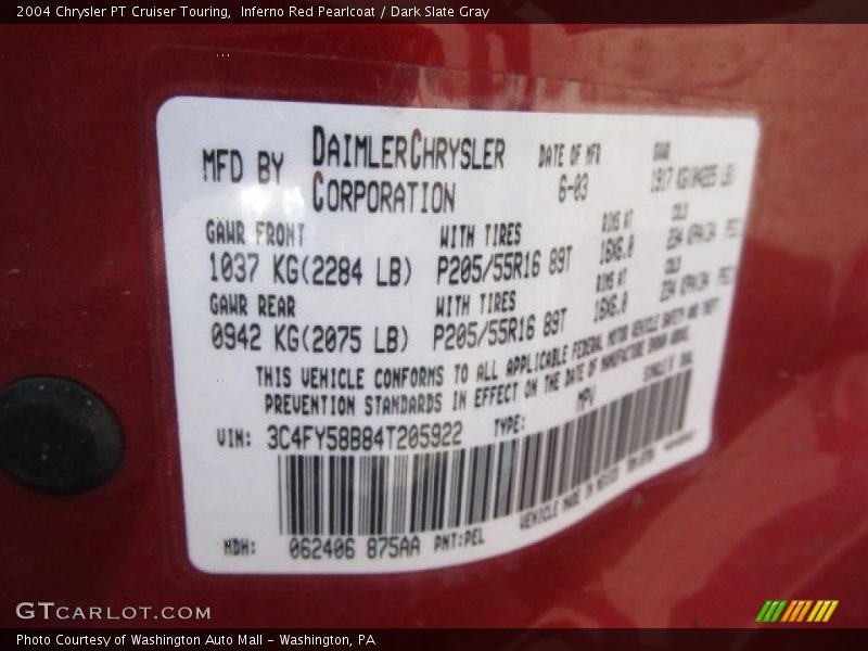 2004 PT Cruiser Touring Inferno Red Pearlcoat Color Code PEL