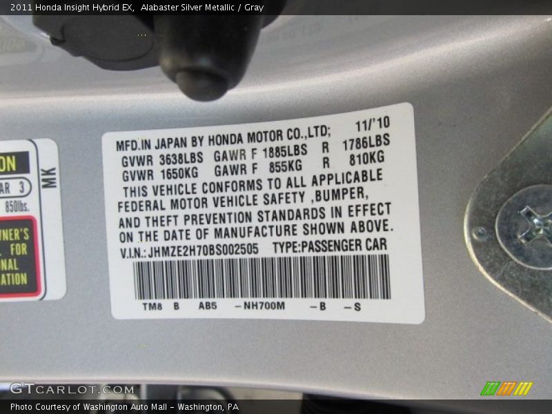 2011 Insight Hybrid EX Alabaster Silver Metallic Color Code NH700M