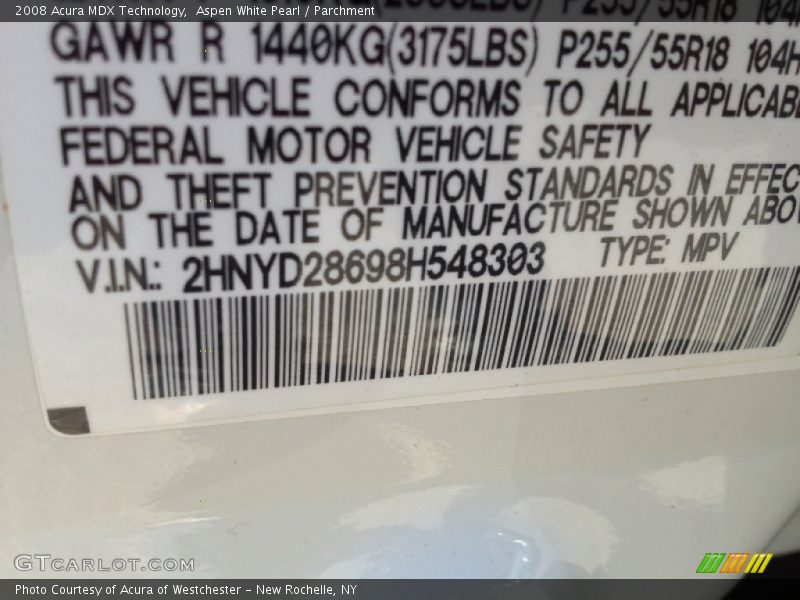 Aspen White Pearl / Parchment 2008 Acura MDX Technology