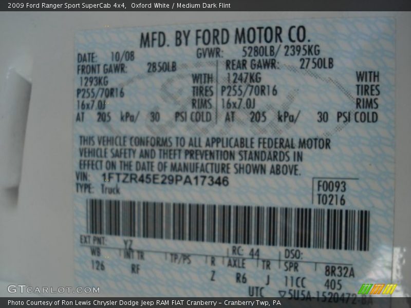 2009 Ranger Sport SuperCab 4x4 Oxford White Color Code YZ
