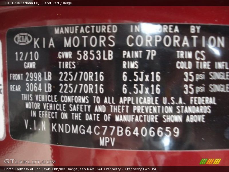 2011 Sedona LX Claret Red Color Code 7P
