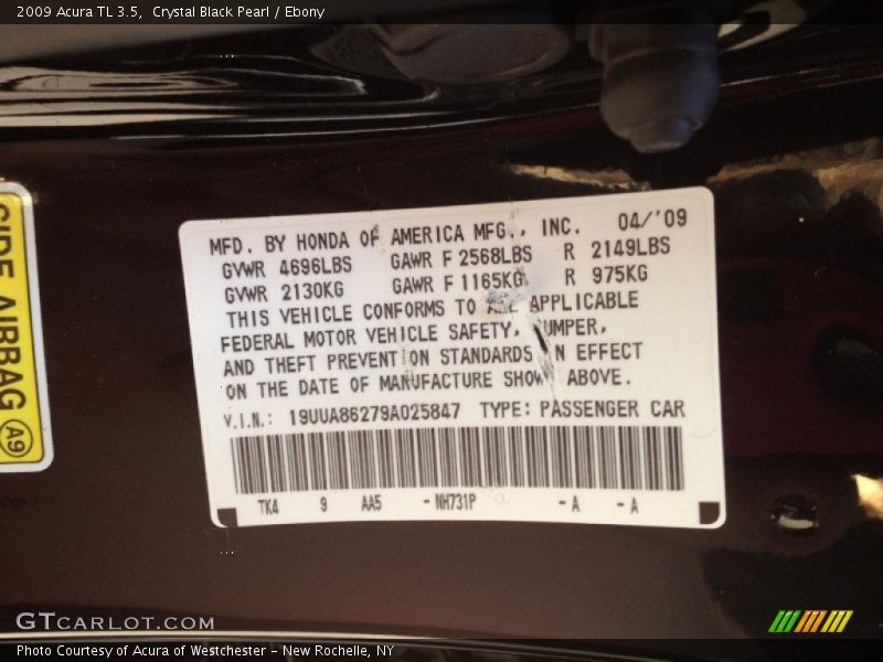 Crystal Black Pearl / Ebony 2009 Acura TL 3.5