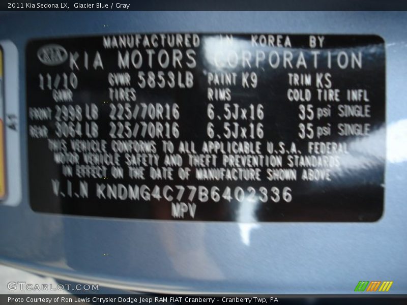 2011 Sedona LX Glacier Blue Color Code K9