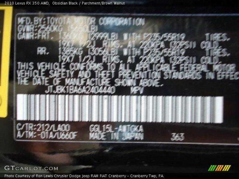 Obsidian Black / Parchment/Brown Walnut 2010 Lexus RX 350 AWD