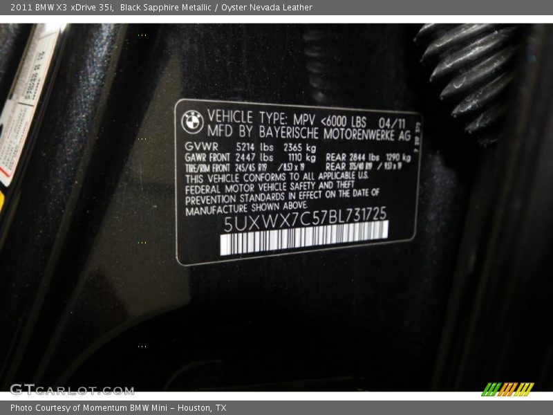 Black Sapphire Metallic / Oyster Nevada Leather 2011 BMW X3 xDrive 35i