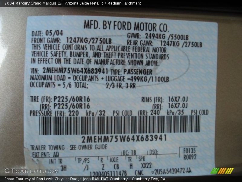2004 Grand Marquis LS Arizona Beige Metallic Color Code AQ