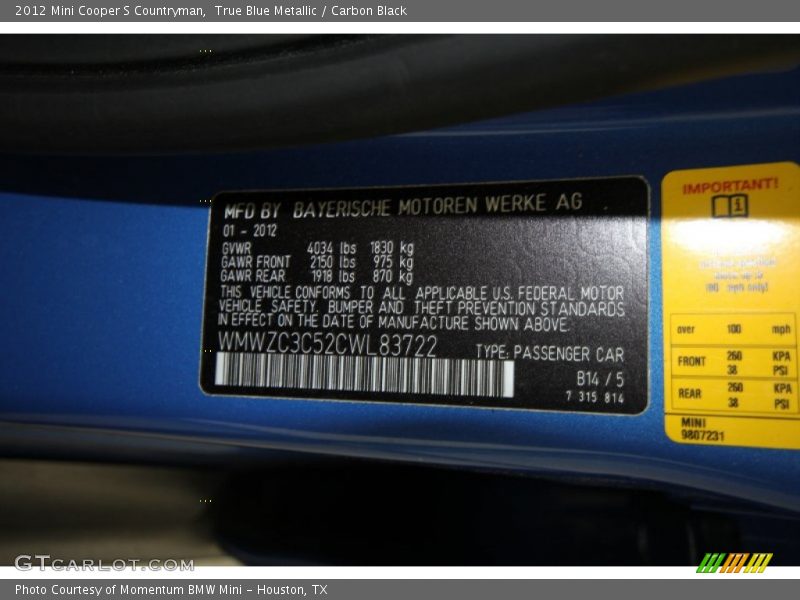 True Blue Metallic / Carbon Black 2012 Mini Cooper S Countryman
