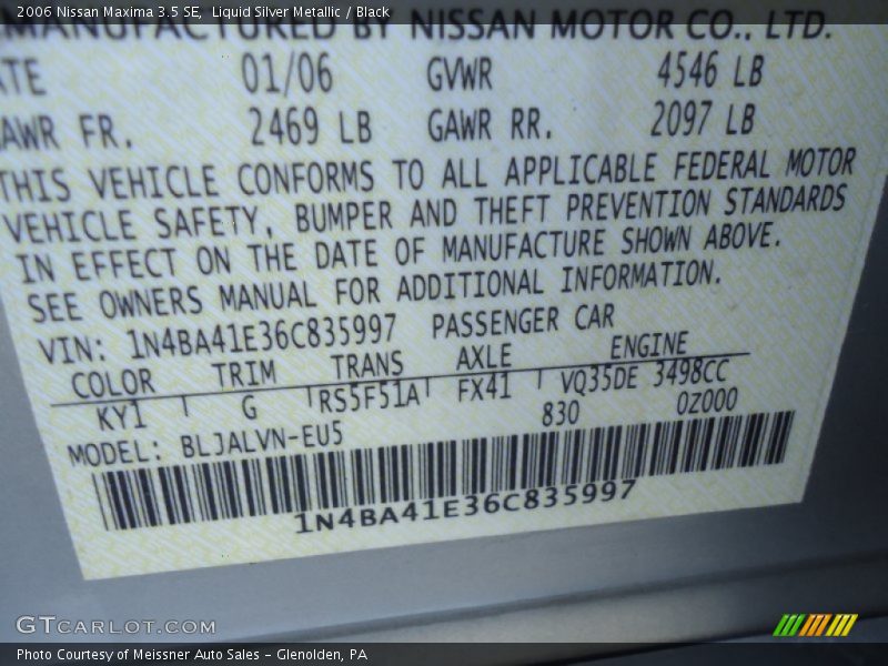 2006 Maxima 3.5 SE Liquid Silver Metallic Color Code KY1