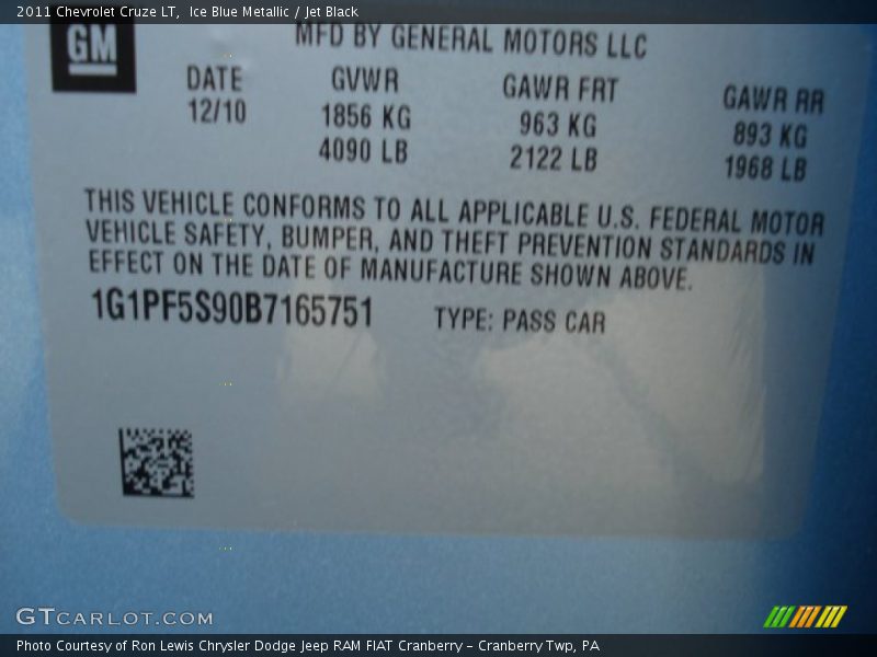 Ice Blue Metallic / Jet Black 2011 Chevrolet Cruze LT