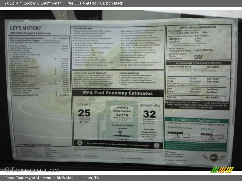 True Blue Metallic / Carbon Black 2012 Mini Cooper S Countryman