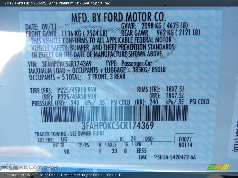 2012 Fusion Sport White Platinum Tri-Coat Color Code UG