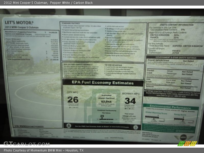  2012 Cooper S Clubman Window Sticker