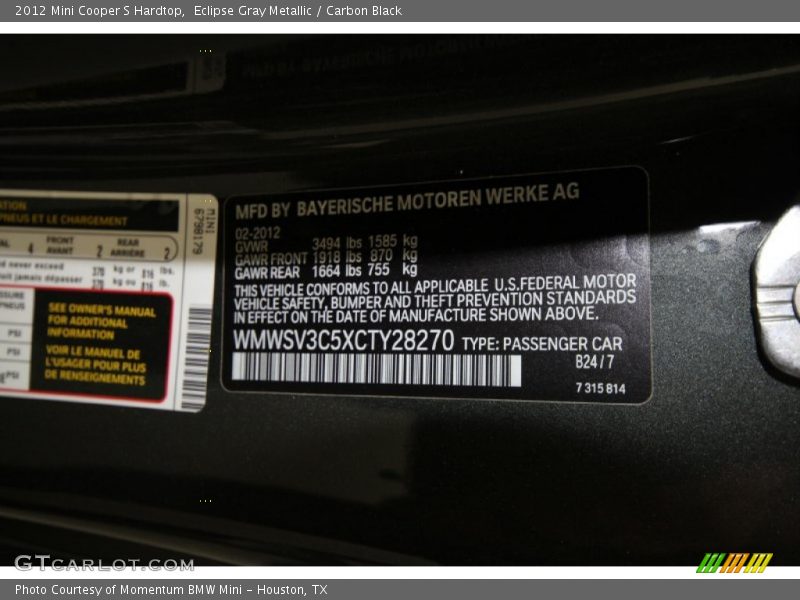 Eclipse Gray Metallic / Carbon Black 2012 Mini Cooper S Hardtop