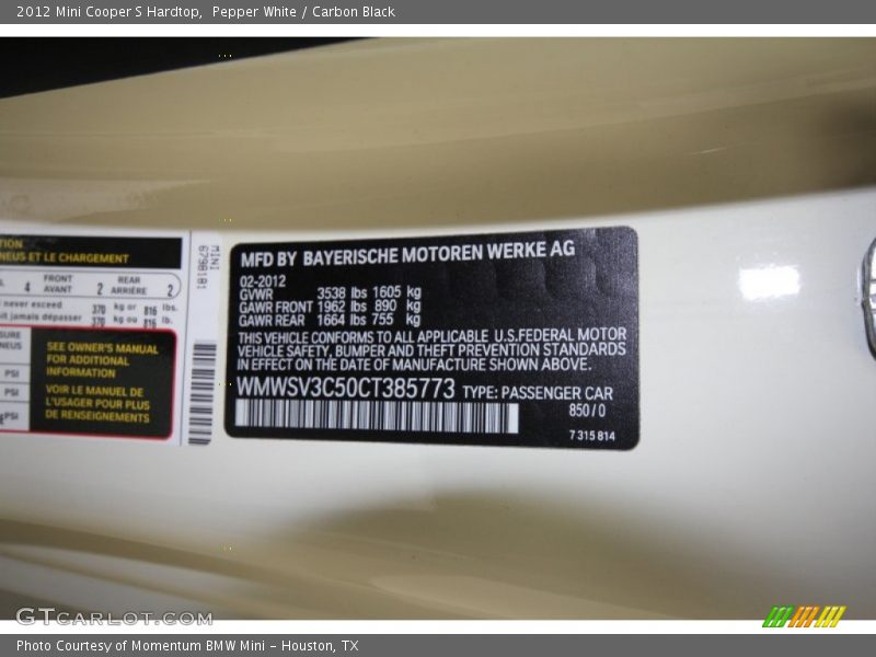 Pepper White / Carbon Black 2012 Mini Cooper S Hardtop