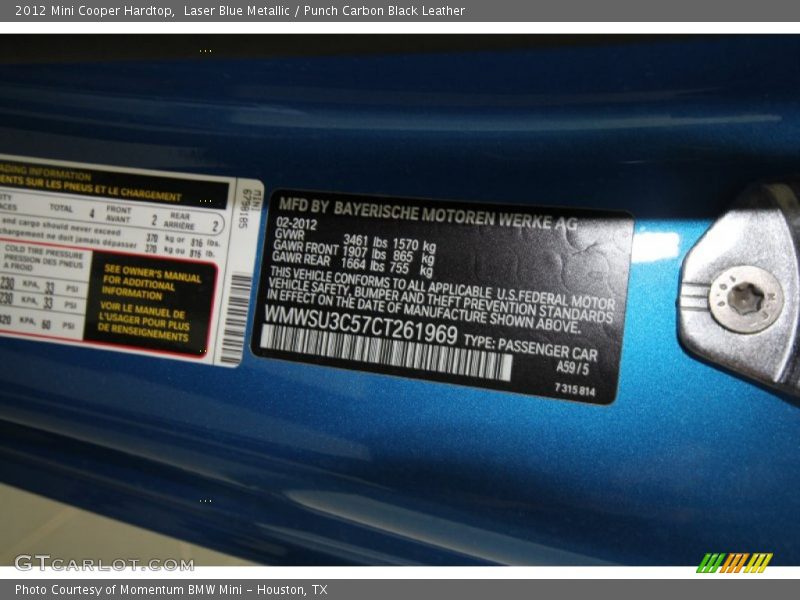 Laser Blue Metallic / Punch Carbon Black Leather 2012 Mini Cooper Hardtop