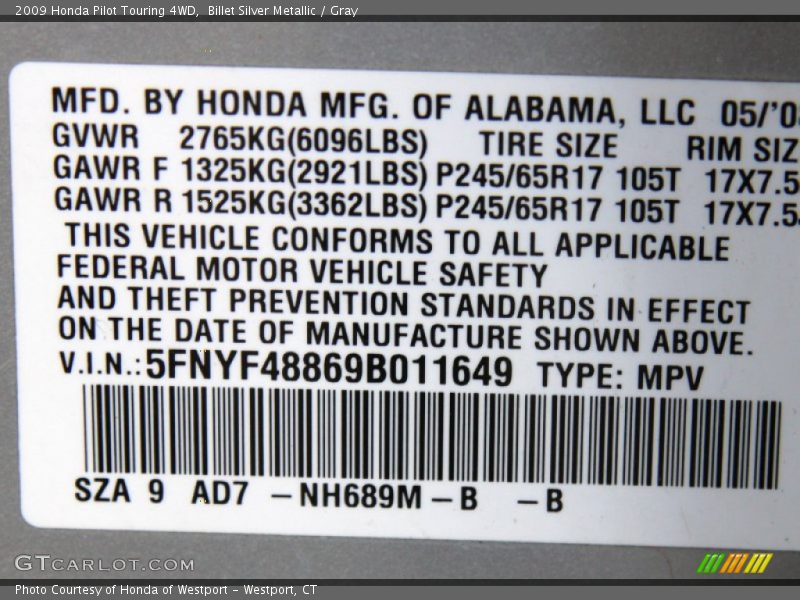 Billet Silver Metallic / Gray 2009 Honda Pilot Touring 4WD