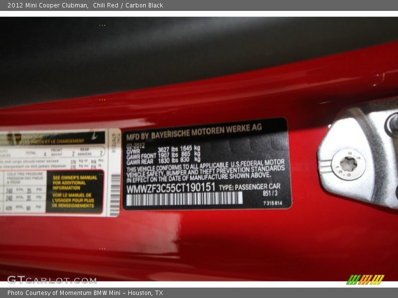 Chili Red / Carbon Black 2012 Mini Cooper Clubman