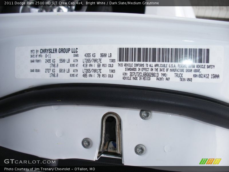 2011 Ram 2500 HD SLT Crew Cab 4x4 Bright White Color Code PW7