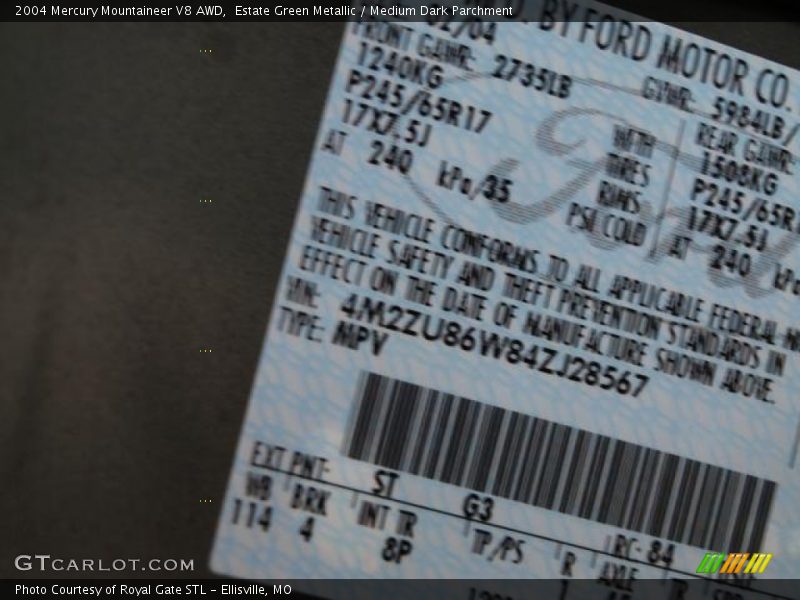 2004 Mountaineer V8 AWD Estate Green Metallic Color Code ST