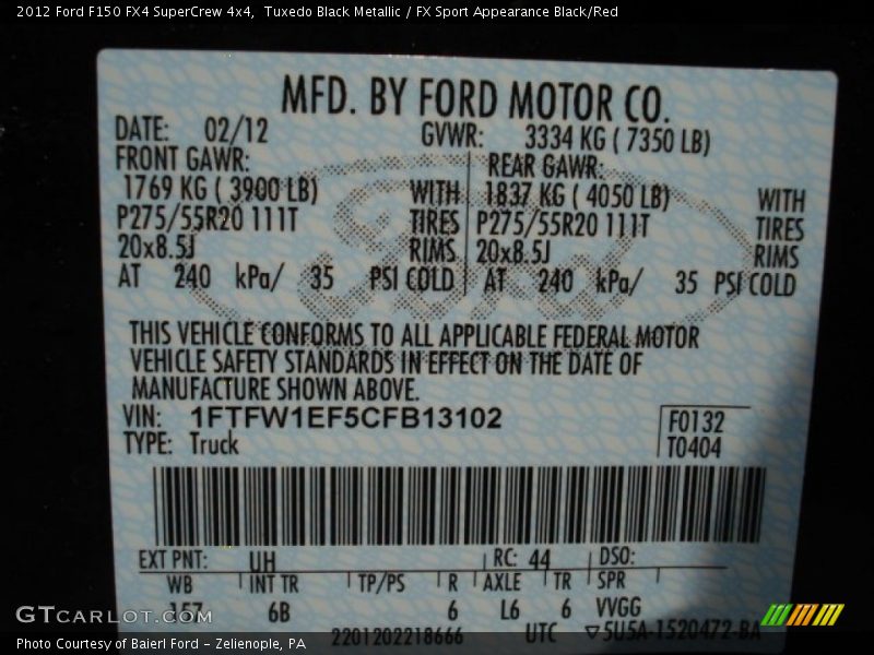Tuxedo Black Metallic / FX Sport Appearance Black/Red 2012 Ford F150 FX4 SuperCrew 4x4